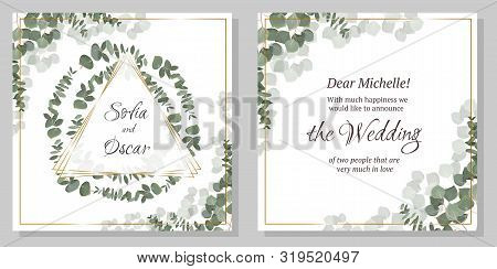 Template For A Wedding Invitation. Green Eucalyptus, Triangle Golden Frame.