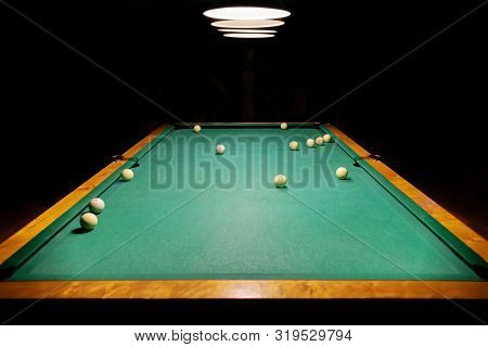 Ivory White Billiard Balls On A Green Pool Table. There Is Space For Your Text Or Message. Russian B