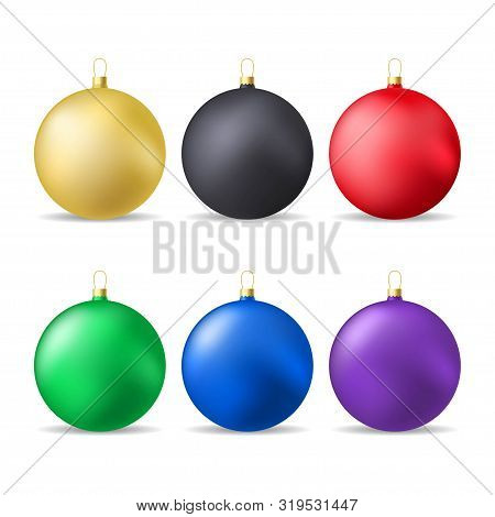Set Of Colorful Christmas Balls. Template Design For Decoraion Of New Year, Xmas And Holidays. Vecto