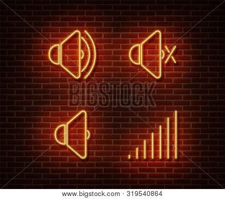 Neon Mute Signs Vector Isolated On Brick Wall. Silent, Sount Light Symbol, Decoration Effect. Neon M