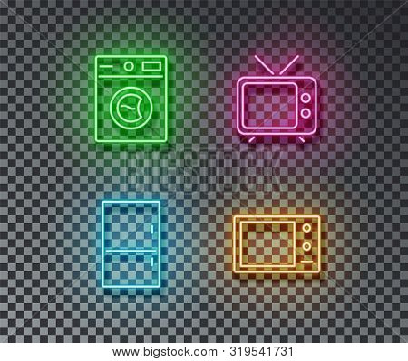 Neon House Device Signs Vector Isolated On Brick Wall. Wash Machine, Fridge, Microwave, Tv Light Sym