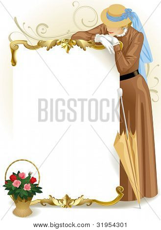 Versione raster di immagine vettoriale vintage oro incorniciata poster con donna in piedi in retrò marrone dres