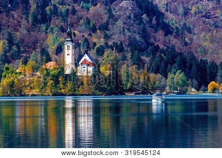 Bled Island In Bled Lake, Slovenia. Sport And Recreation In Slovenia