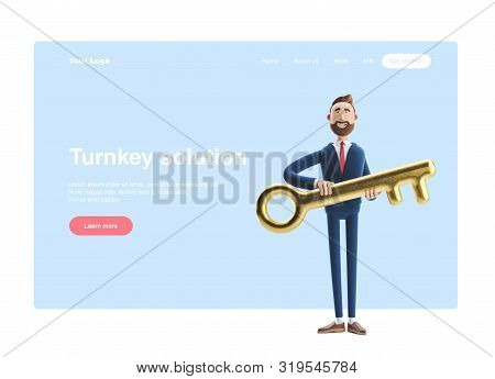 Portrait Of A Handsome Businessman Billy With Golden Key. 3d Illustration. Web Banner, Start Site Pa
