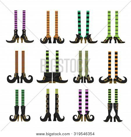 Collection Of Cartoon Witch Legs In Striped Stockings And Various Shoes Isolated On A White Backgrou