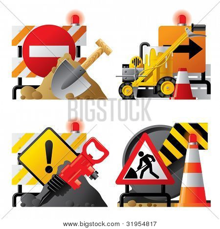 Wektor zestaw ikon roadwork tablice informacyjne i narzędzia