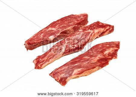 Steak Bottom Sirloin Flap Meat (bavet) Of Marbled Beef On A White Background