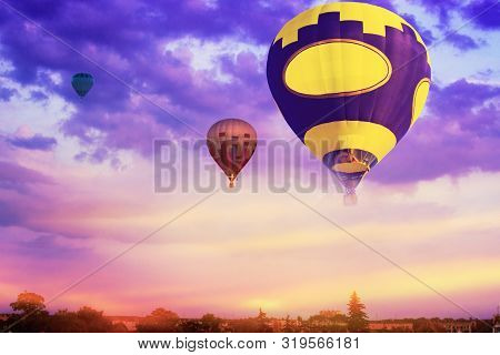 Hot Air Balloon Ride . Romance Of The Flight . Hot Air Balloon Ride . Hot Air Balloons Flies In Blue