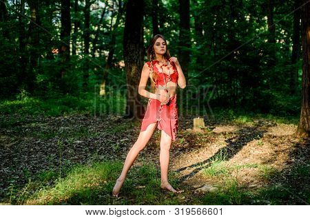 Perfect Body In Sexy Costume. Sexy Girl In Leather Clothes. Ethnic Tribal Fashion. Deep Forest. Amaz
