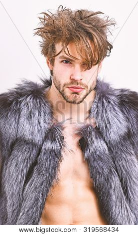 Fashion And Pathos. Richness And Luxury Lifestyle. Sexy Sleepy Rich Macho Tousled Hair Fur Vest On W