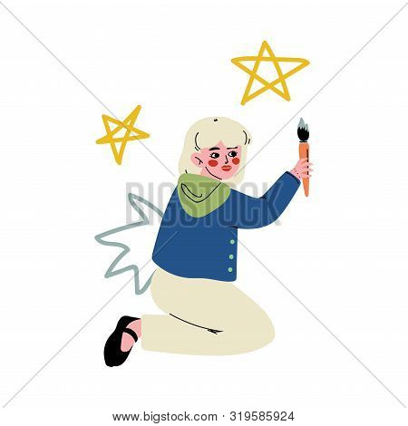 Cute Blonde Girl Painting Stars On Wall With Color Paints And Brush Vector Illustration
