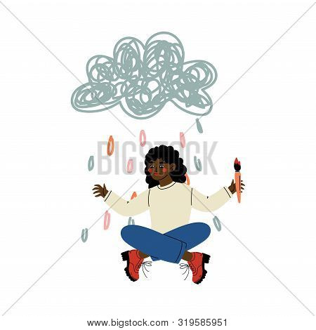 Cute African American Girl Painting Cloud And Rain On Wall With Color Paints And Brush, Girl Sitting