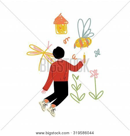 Boy Drawing On Wall With Color Pencils, View From Behind Vector Illustration