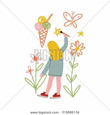 Cute Blonde Girl Painting On Wall With Color Paints And Brush, View From Behind Vector Illustration