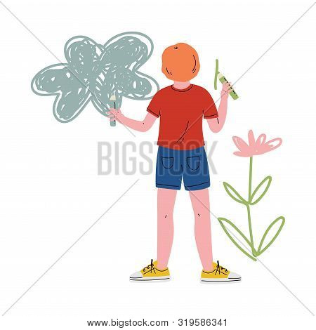 Cute Boy Drawing On Wall Using Color Pencils, View From Behind Vector Illustration