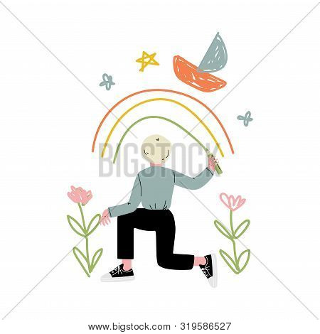 Cute Blond Boy Drawing Rainbow On Wall With Color Pencils, View From Behind Vector Illustration