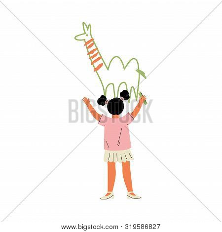 Cute Brunette Girl Drawing Camel On Wall Using Color Pencils, View From Behind Vector Illustration