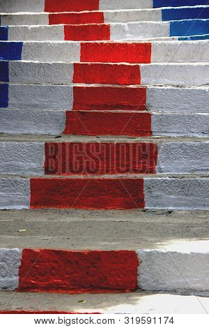 White, Blue And Red Color Painted Stone Steps Leading To Ramagiri Hill Near Ramanagara, Karnataka, I