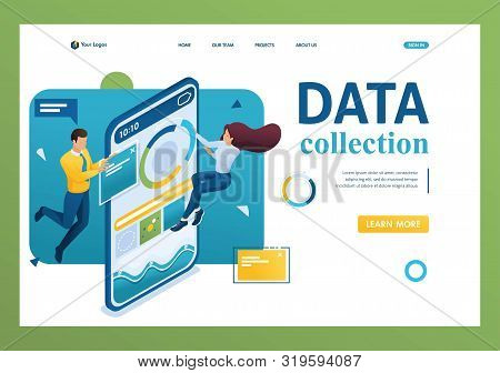 Young Businessmen Collect Data On The Internet. Concept Of Data Collection. 3d Isometric. Landing Pa