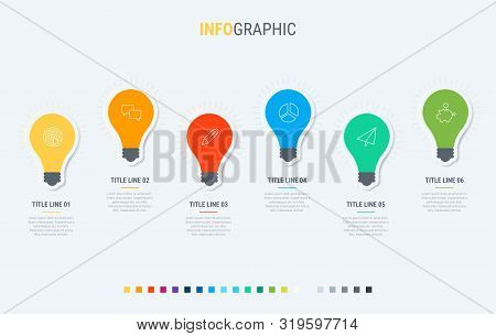 Timeline Infographic Design Vector. 6 Optioons, Light Bulbs Workflow Layout. Vector Infographic Time