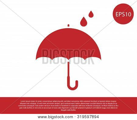 Red Umbrella And Rain Drops Icon Isolated On White Background. Waterproof Icon. Protection, Safety, 