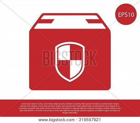 Red Delivery Pack Security Symbol With Shield Icon Isolated On White Background. Delivery Insurance.