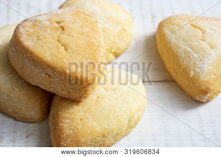 Homemade Heart-shaped Shortbread, Beautiful Picture, Light Breakfast. Horizontally Placed. Delicious