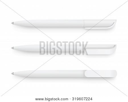 White Realistic Pen Set. Vector Set Of Corporate Identity, Branding Stationery. Realistic Vector Eps