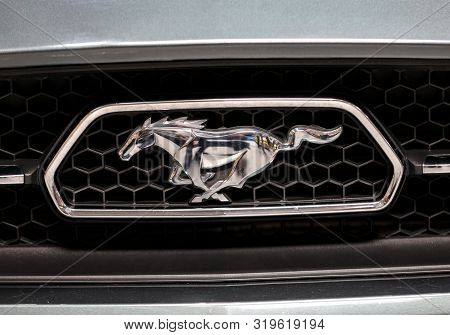 Cracow, Poland - May 18, 2019: Ford Mustang Metalic Logo Closeup On The Car Displayed At Moto Show I