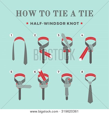 Instructions On How To Tie A Tie On The Turquoise Background Of The Eight Steps. Half-windsor Knot .