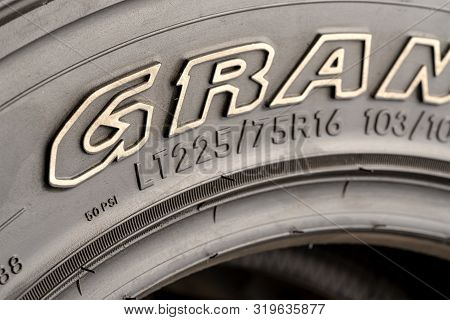 Krasnoyarsk, Russia 20 August 2019: Tire Size 225 75 16 On The Sidewall. Close Up.