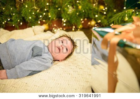 The Child Lies Under The Tree. Cute Portrait Of Little Baby Celebrates Christmas. Boy In Boytie Lies