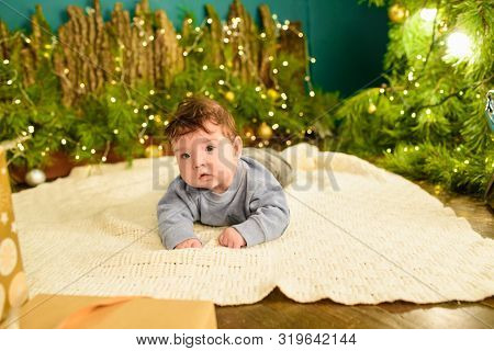 The Child Lies Under The Tree. Cute Portrait Of Little Baby Celebrates Christmas. Boy In Boytie Lies