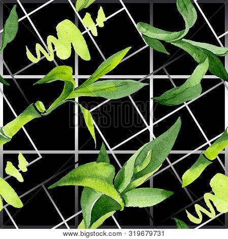 Bamboo Green Leaves. Watercolor Background Illustration Set. Seamless Background Pattern.