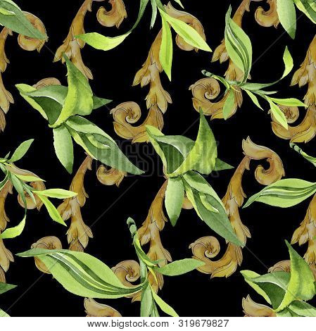 Bamboo Green Leaves. Watercolor Background Illustration Set. Seamless Background Pattern.