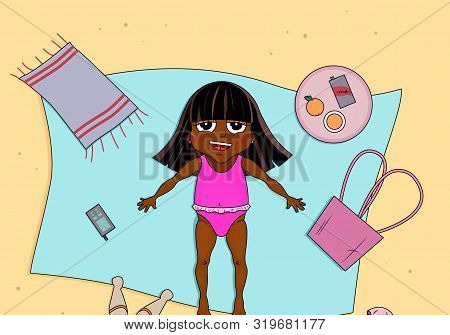 Beautiful Young Girl Tanning. Cartoon Vector Illustration. African Child.