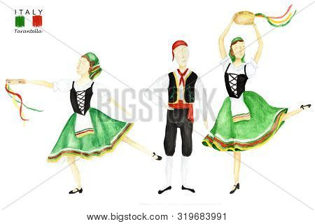 Dancers In National Costume An Italian Tarantella With A Tambourine On White Background. Set Of Woma