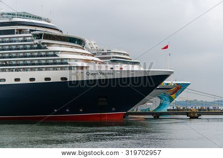Tallinn / Estonia - August 30, 2019: Cruise Ship Queen Victoria Of The Cunard Ship Fleet Docked In V