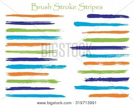 Abstract Orange Ink Brush Stroke Stripes Vector Set, Horizontal Marker Or Paintbrush Lines Patch. Ha