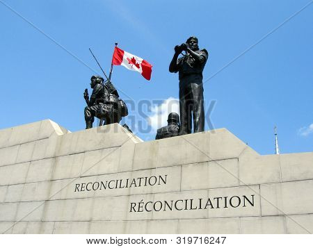 July 6, 2012, Ottawa, Canada, Canadian Peacekeeping Monument Under A Clear Blue Sky
