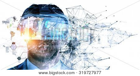 Abstract image of virtual reality experience, a man in VR glasses