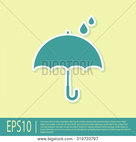 Green Umbrella And Rain Drops Icon Isolated On Yellow Background. Waterproof Icon. Protection, Safet