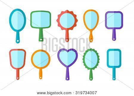 Hand Mirrors With Light Reflection. Blank Handheld Makeup Mirrors. Flat Icon Set. Female Beauty Acce