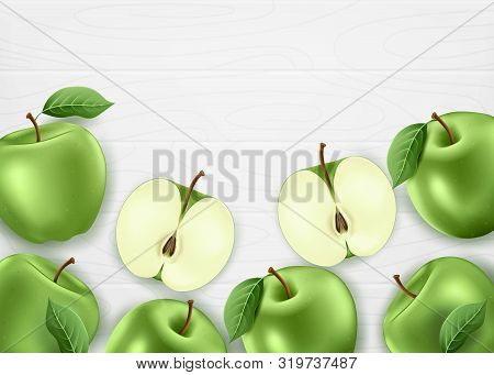 Fresh Green Apples Organic Farm Made. 3d Realistic Whole And Sliced Apples Banner With Leaves On Whi