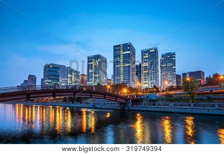Beijing, China Central Business District City Skyline On The Tonghui River.