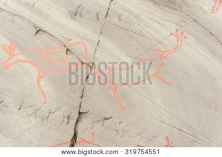 Rock Art In Alta Fjord, Norway. Ancient Symbols, Real Drawing,  Texture In Stone. Red Ocher Paint. H