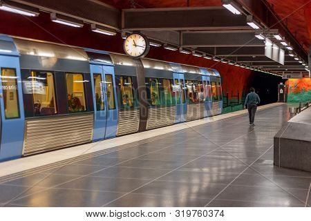 Stockholm, Sweden - June 05, 2019: Solna Centrum Station, Stockholm Subway. Train In Stockholm Metro