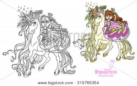 Beautiful Princess Rides On The Back Of A Unicorn In A Wreath Of Roses Color And Outlined Picture Fo