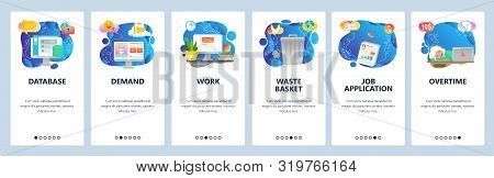 Mobile App Onboarding Screens. Overtime Hours, Office Work Place, Waste Bin, Cloud Storage Database.