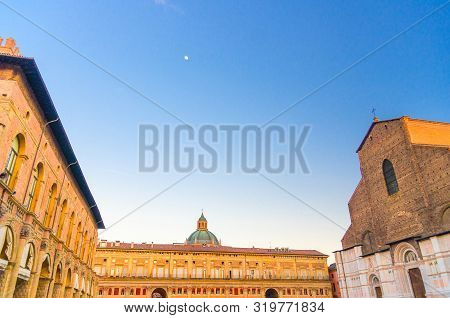Basilica Di San Petronio Church, Palazzo Dei Banchi And Palazzo Re Enzo Palace Building On Piazza Ma